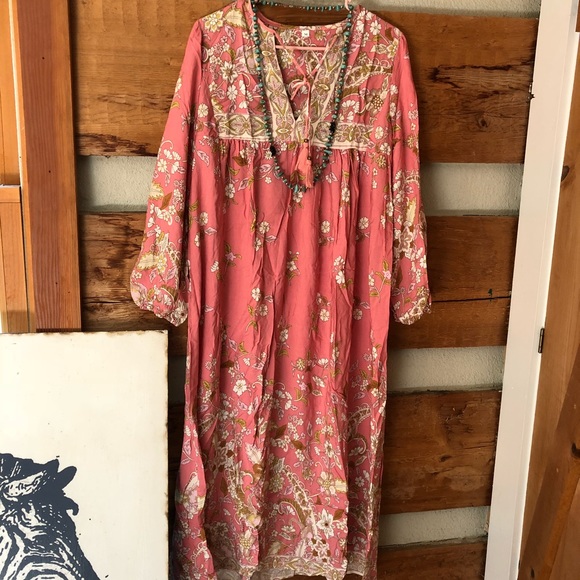 Boho Gypsy Hendrix Floral Pink Peasant Dress Gown hippie free spirit bohemian L - Picture 4 of 14